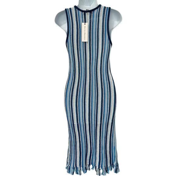 White + Warren Blue White Stripe Mercerized Cotton Fringe Midi Dress XS NEW Tags - Picture 5 of 10